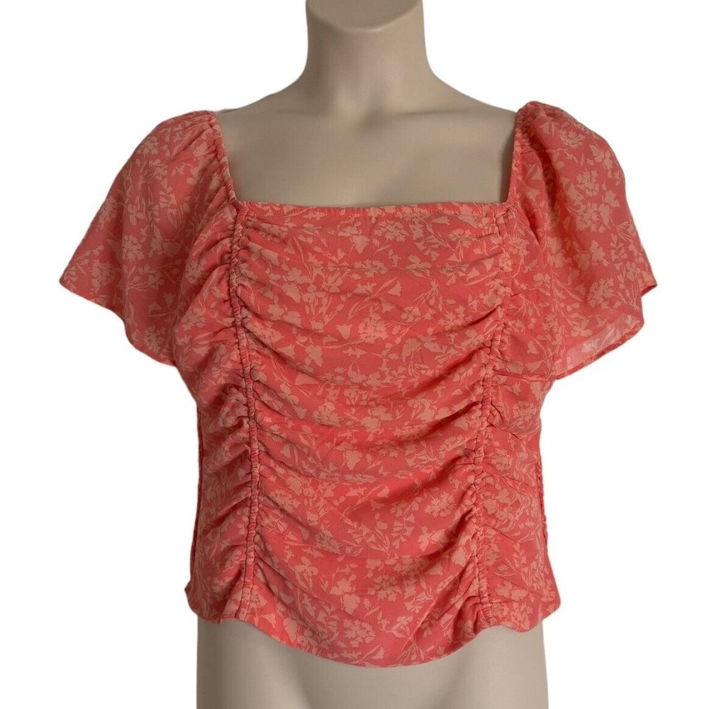 Lush Cropped Cap Sleeve Smocked Blouse Pink Size XL Floral Print NWOT